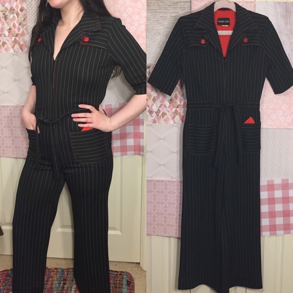 Vintage Pants - Vintage | Strait Lane Black & Red Jumpsuit Buttons
